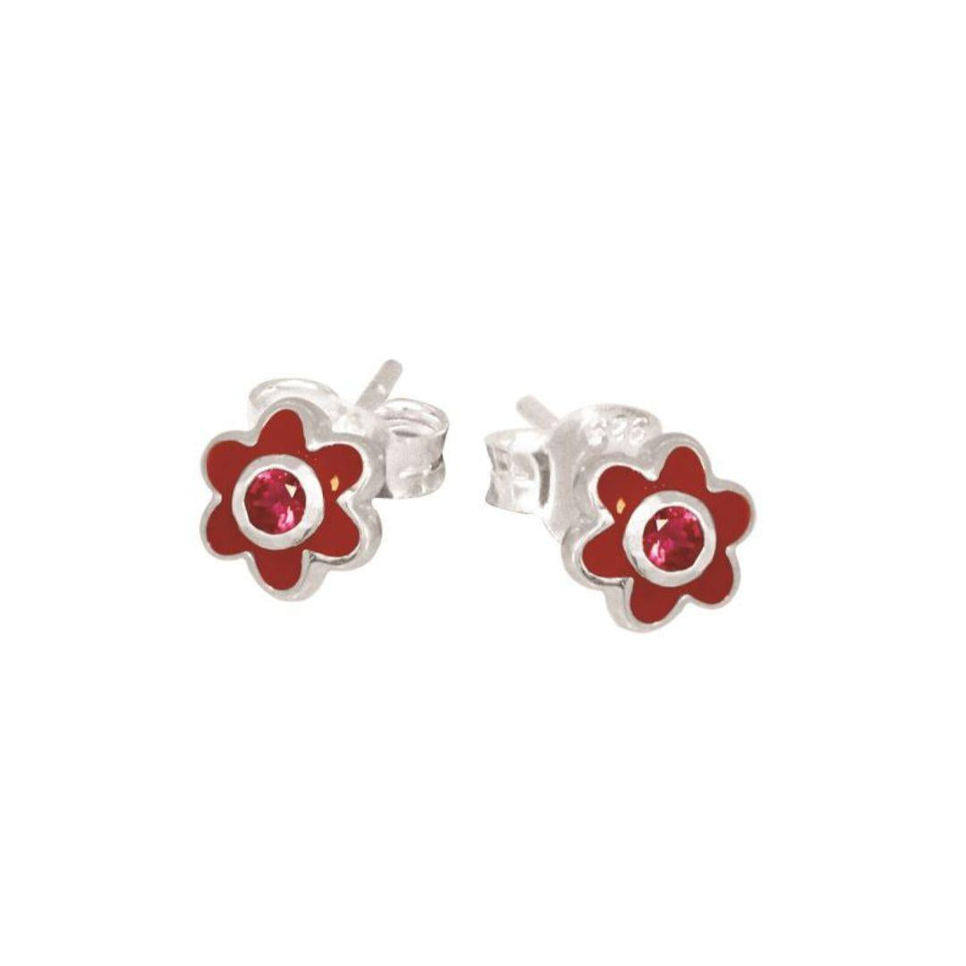 Children's Sterling Silver Red Flower Synthetic Ruby Stud Earrings