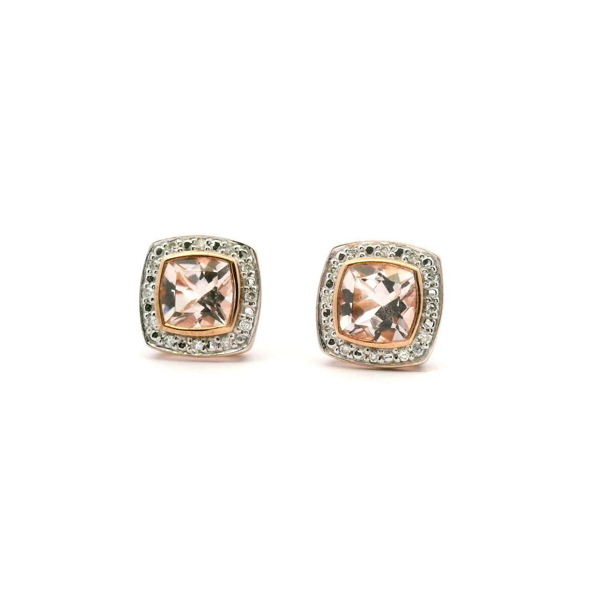 Morganite & Diamond 9k Rose Gold Cushion Cut Halo Stud Earrings