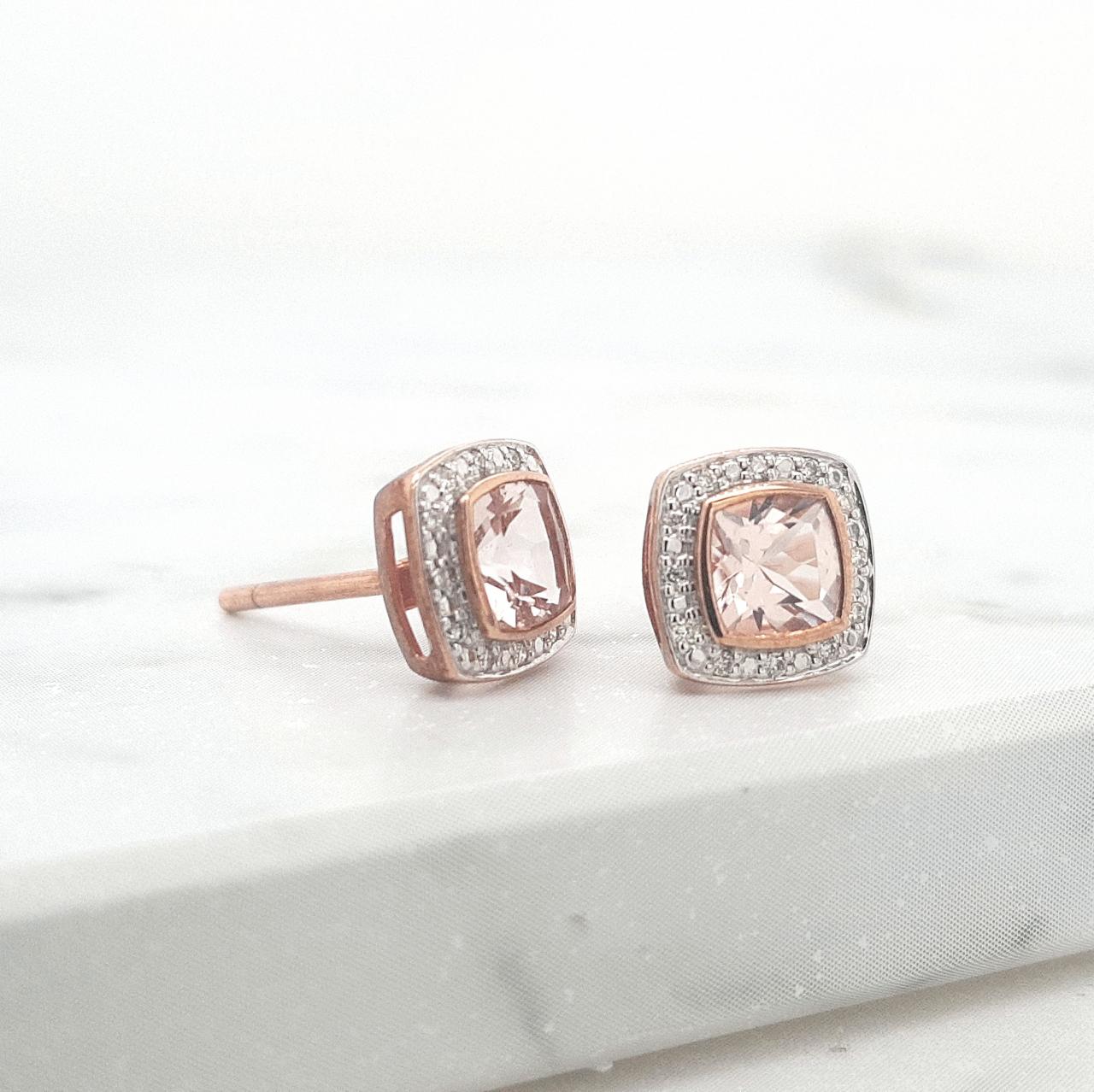 Morganite & Diamond 9k Rose Gold Cushion Cut Halo Stud Earrings