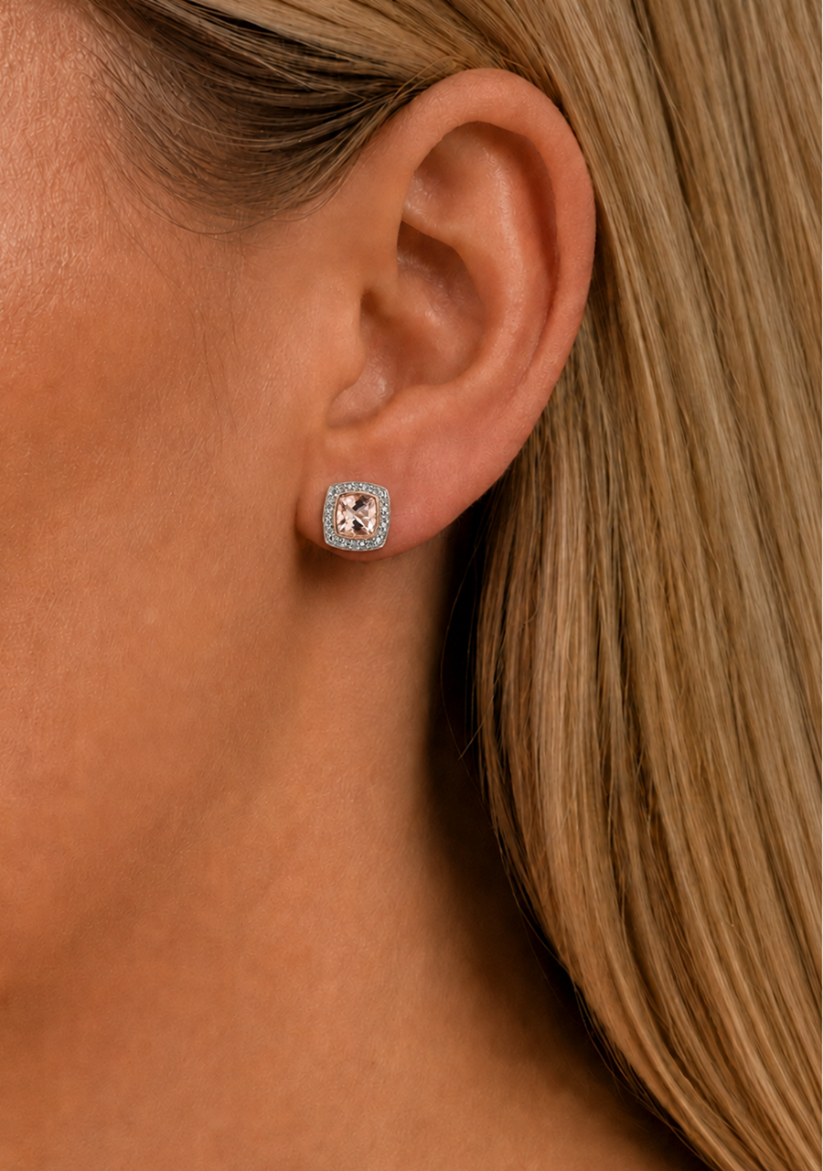 9ct Rose Gold Morganite & Diamond Cushion Cut Halo Stud Earrings