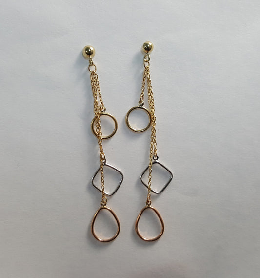 9ct Tri-Tone Circle, Square & Oval Shape Stud Drop Chain Earrings