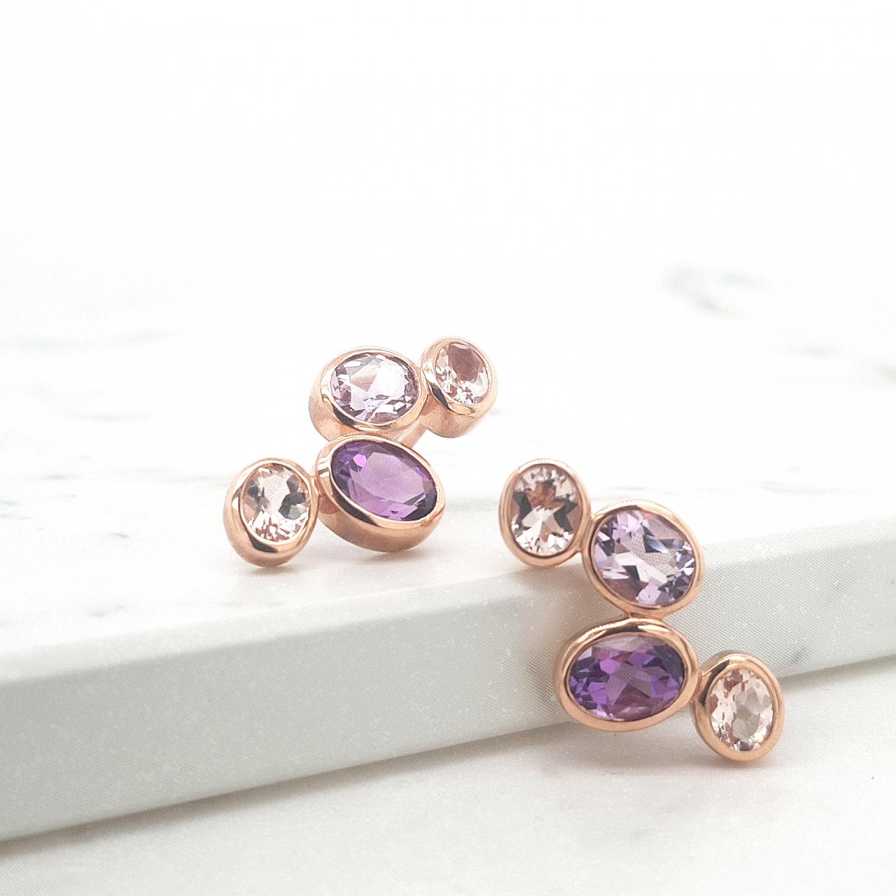 Amethyst & Morganite 9k Rose Gold Stud Earrings