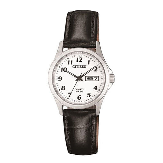 Citizen Ladies Quartz White Dial, Black Leather Strap 50M WR Watch