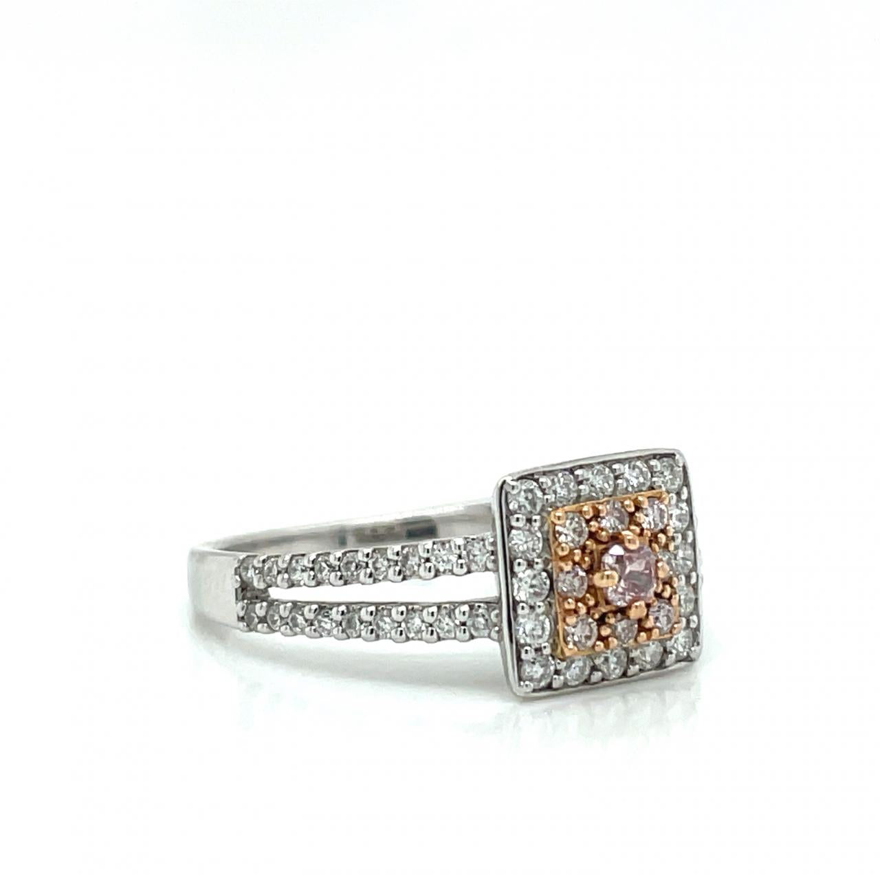Pink Diamond & White Diamond 18k White & Rose Gold Square Halo Split Band Ring