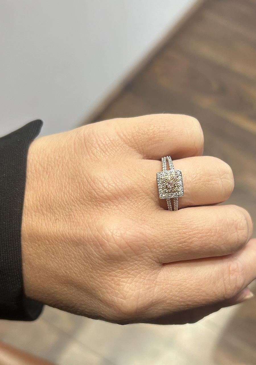 Pink Diamond & White Diamond 18k White & Rose Gold Square Halo Split Band Ring