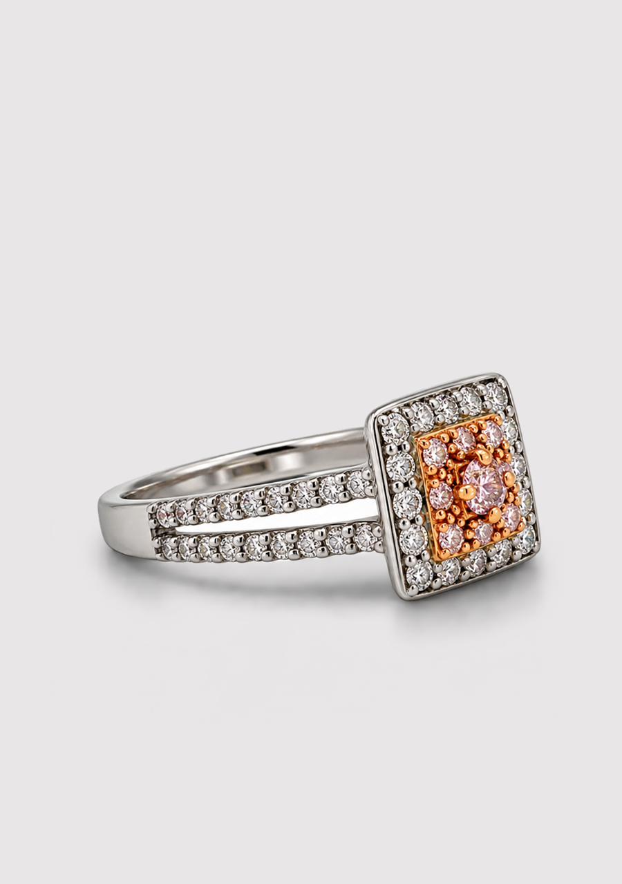 Pink Diamond & White Diamond 18k White & Rose Gold Square Halo Split Band Ring