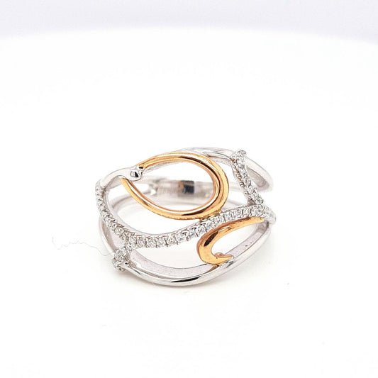 18ct White & Rose Gold 0.21ct Round Brilliant Diamond Openwork Wide Band Ring