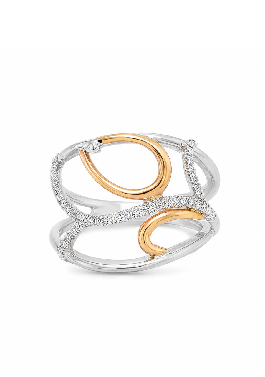 18ct White & Rose Gold Round Brilliant Diamond Openwork Wide Band Ring