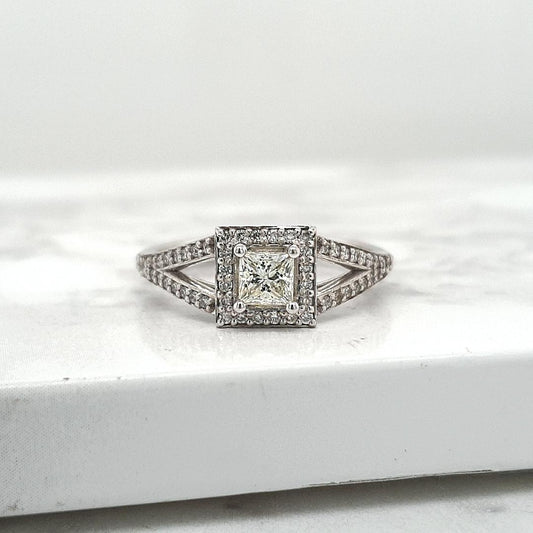 18ct White Gold 0.66ct Princess Cut with 0.26ct Accent Round Brilliant Halo & Shoulder Diamond Split Band Ring