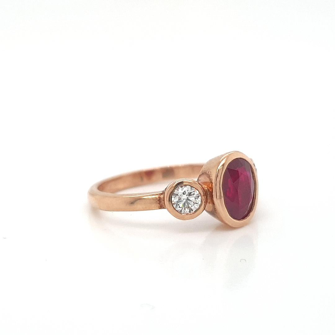 Ruby & Diamond 9k Rose Gold Bezel Set Three Stone Ring