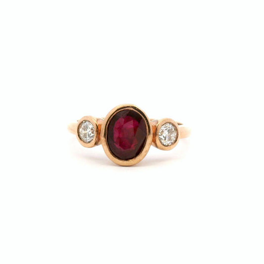 Ruby & Diamond 9k Rose Gold Bezel Set Three Stone Ring