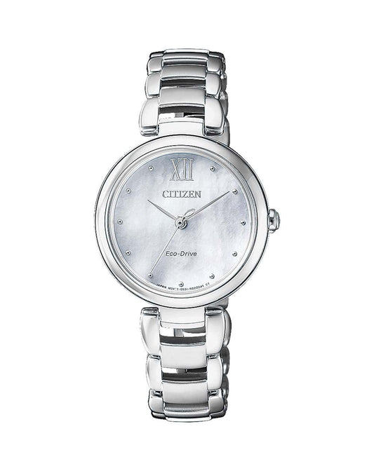 Citizen Ladies Steel Eco-Drive Mother of Pearl/Round/Dot 50m WR Bracelet Watch Code: EM053081D