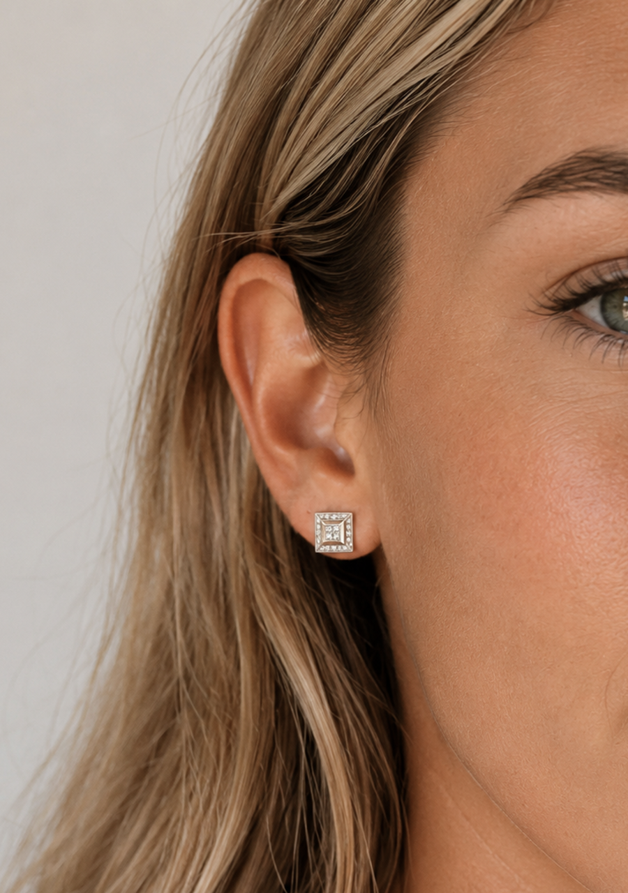 9ct White Gold Round Brilliant Claw Set Diamond Square Stud Earrings