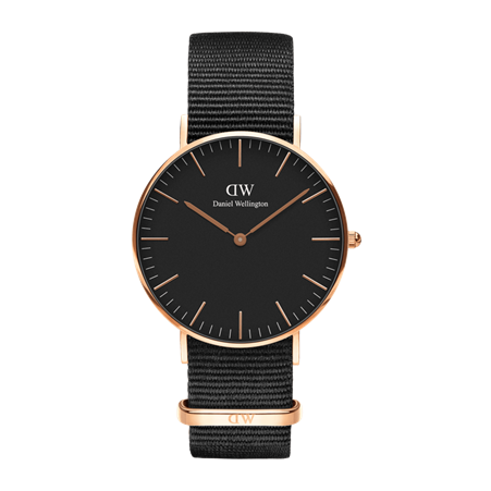 Daniel Wellington 40mm Rose Gold Plated Cornwall Black Nato Strap Watch with Black Dial