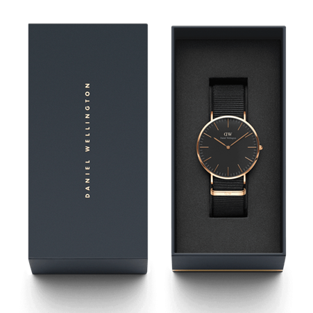 Daniel Wellington 40mm Rose Gold Plated Cornwall Black Nato Strap Watch with Black Dial