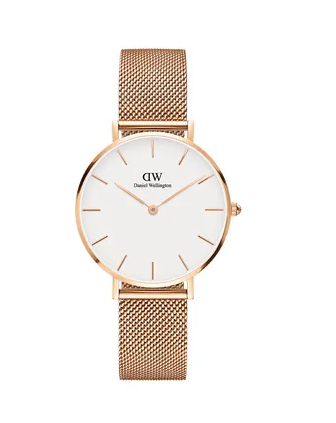 Daniel Wellington Classic Petite Melrose White Round 32mm Dial With Rose Gold Plated Mesh Strap Watch