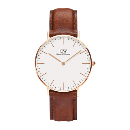 Daniel Wellington 36mm Rose Gold Plated Classic St Mawes Brown Leather Strap Watch with White Dial