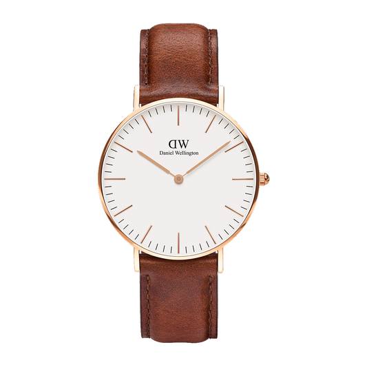 Daniel Wellington 40mm Rose Gold Plated Classic St Mawes Brown Leather Strap Watch with White Dial DW00100006