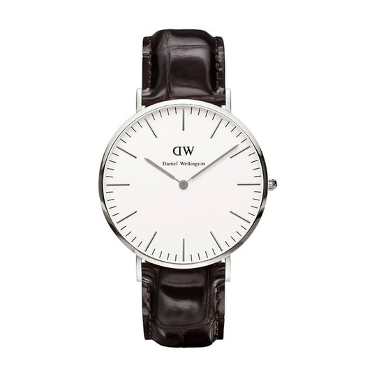 Daniel Wellington 40mm Silver Classic York Leather Strap Watch with White Dial