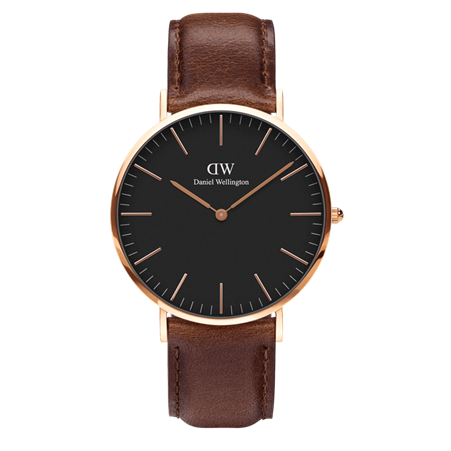 Daniel Wellington 40mm Rose Gold Plated Classic Bristol Brown Leather Strap Watch with Black Dial