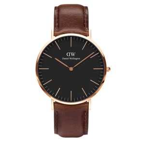 Daniel Wellington 40mm Rose Gold Plated Classic Bristol Brown Leather Strap Watch with Black Dial