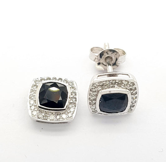 Sapphire & Diamond 9ct White Gold Cushion Cut Sapphire Bezel Set & 0.24ct Round Brilliant Diamond Bead Set Stud Earrings
