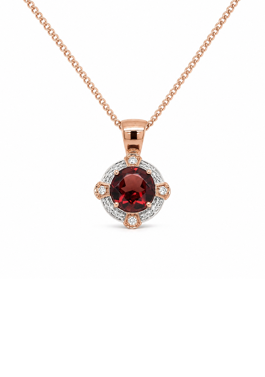 9ct Rose & White Gold Garnet & Diamond Halo Pendant