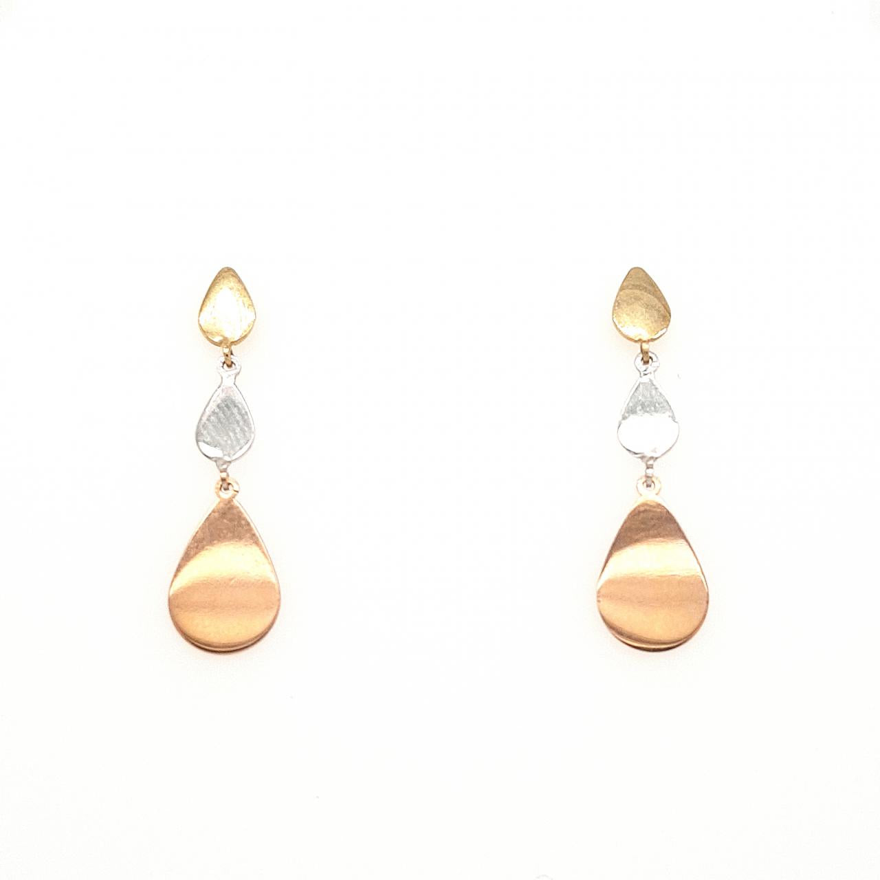 9ct Tri-Tone Gold Pear Shaped  Stud Drop Earrings