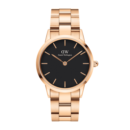 Daniel Wellington 36mm Rose Gold Plated Iconic Link Strap Watch with Black Dial