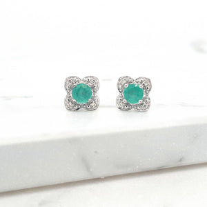 Emerald & Diamond 9k White Gold Flower Stud Earrings