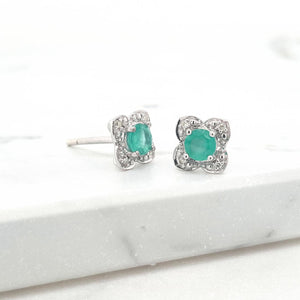 Emerald & Diamond 9k White Gold Flower Stud Earrings