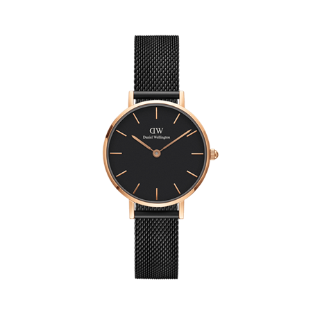 Daniel Wellington 36mm Rose Gold Plated Classic Petite Ashfield Black Mesh Strap Watch with Black Dial