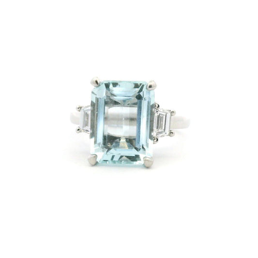 Aquamarine & Diamond Platinum Emerald & Trapezoid Cut Three Stone Ring