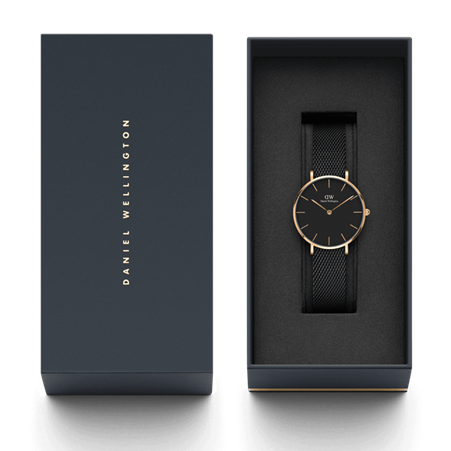 Daniel Wellington 32mm Rose Gold Plated Classic Petite Ashfield Black Mesh Strap Watch with Black Dial