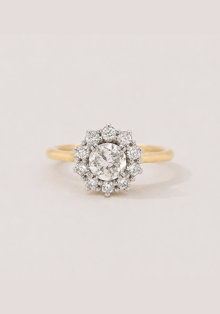 18ct Yellow Gold 0.55ct Round Brilliant Centre Diamond with 0.33ct Accent Round Brilliant Diamond Cluster Ring
