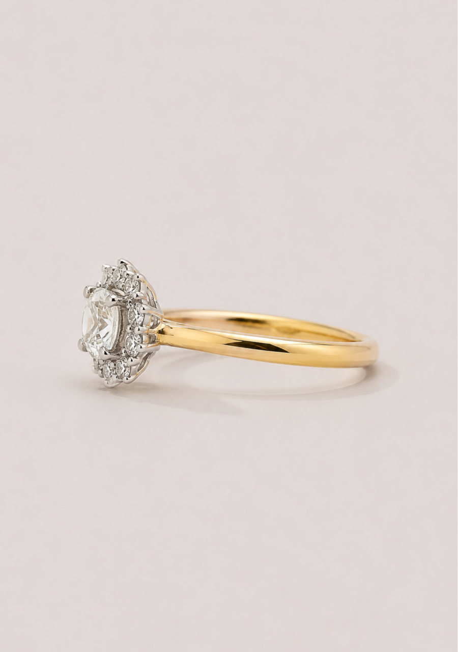 18ct Yellow Gold 0.55ct Round Brilliant Centre Diamond with 0.33ct Accent Round Brilliant Diamond Cluster Ring