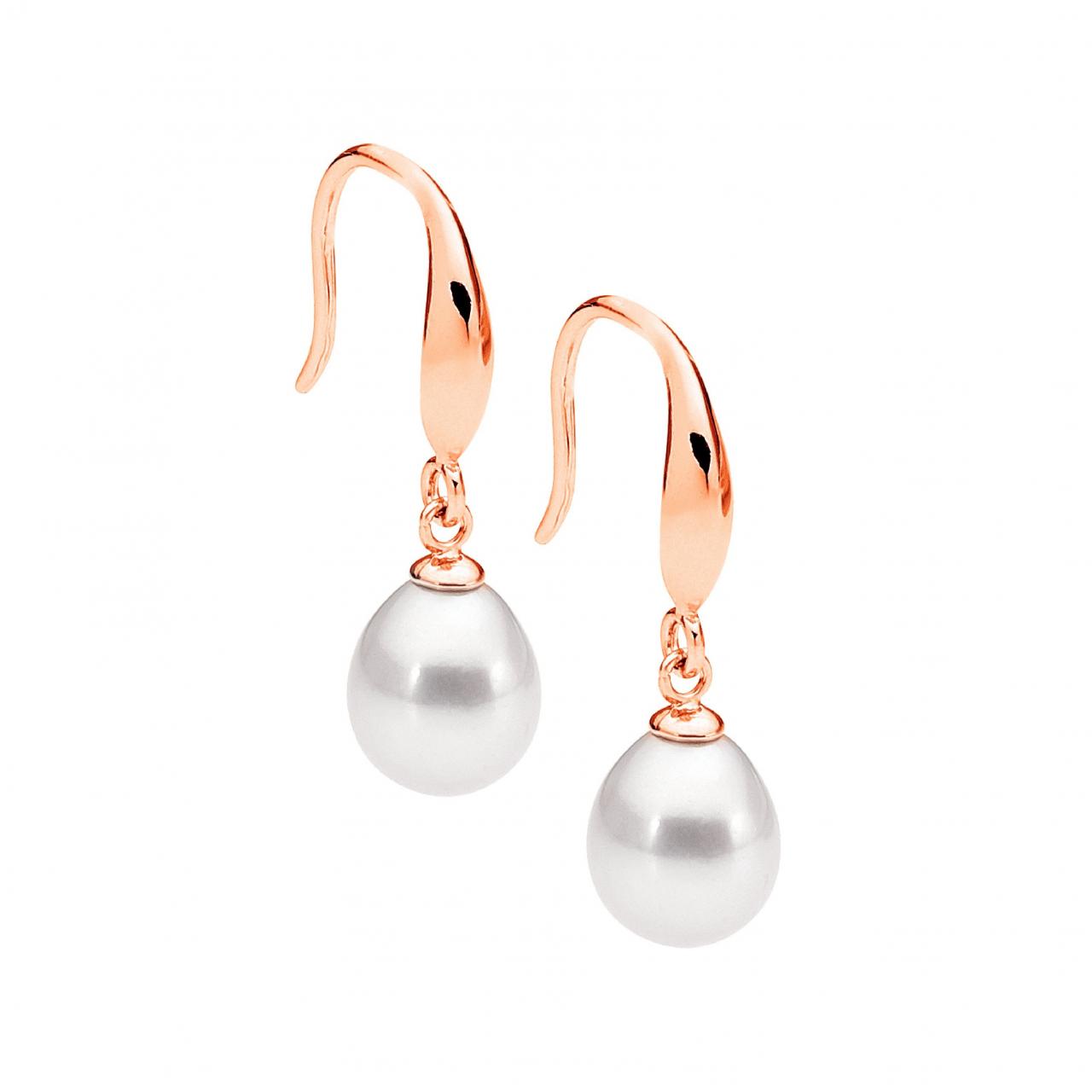 Ellani Sterling Silver Rose Gold Plated Freshwater Pearl Hook Earrings
