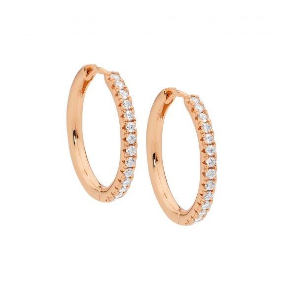 Ellani Sterling Silver & IP Rose Gold Plated Round White Cubic Zirconia 20mm Huggie Hoop Earrings