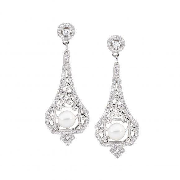 Ellani Silver Filigree CZ and Freshwater Pearl Drop Earrings