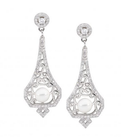 Ellani Silver Filigree CZ and Freshwater Pearl Drop Earrings