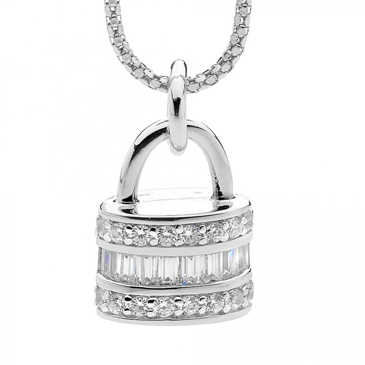 Ellani Sterling Silver White Cubic Zirconia Padlock Necklace 45cm
