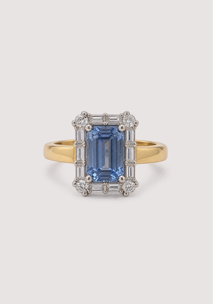 Sapphire & Diamond 18ct Yellow & White Gold Baguette & Round Diamond Cluster Ring