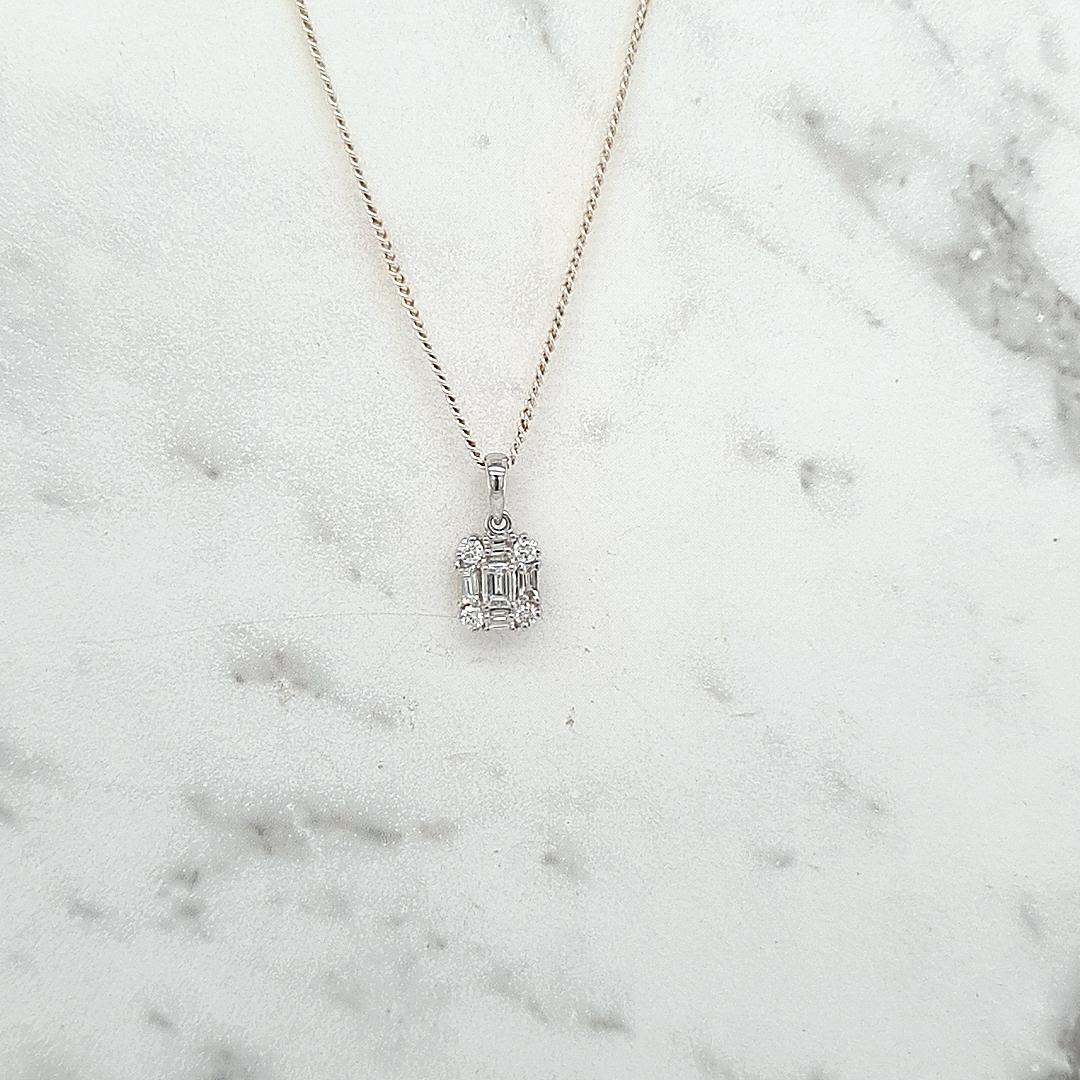 9ct White Gold Baguette & Round Diamond Pendant