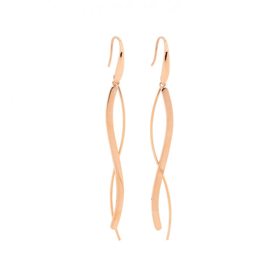 Ellani Stainless Steel & IP Rose Gold Plated Long Wave x2 Drop Hook Earrings