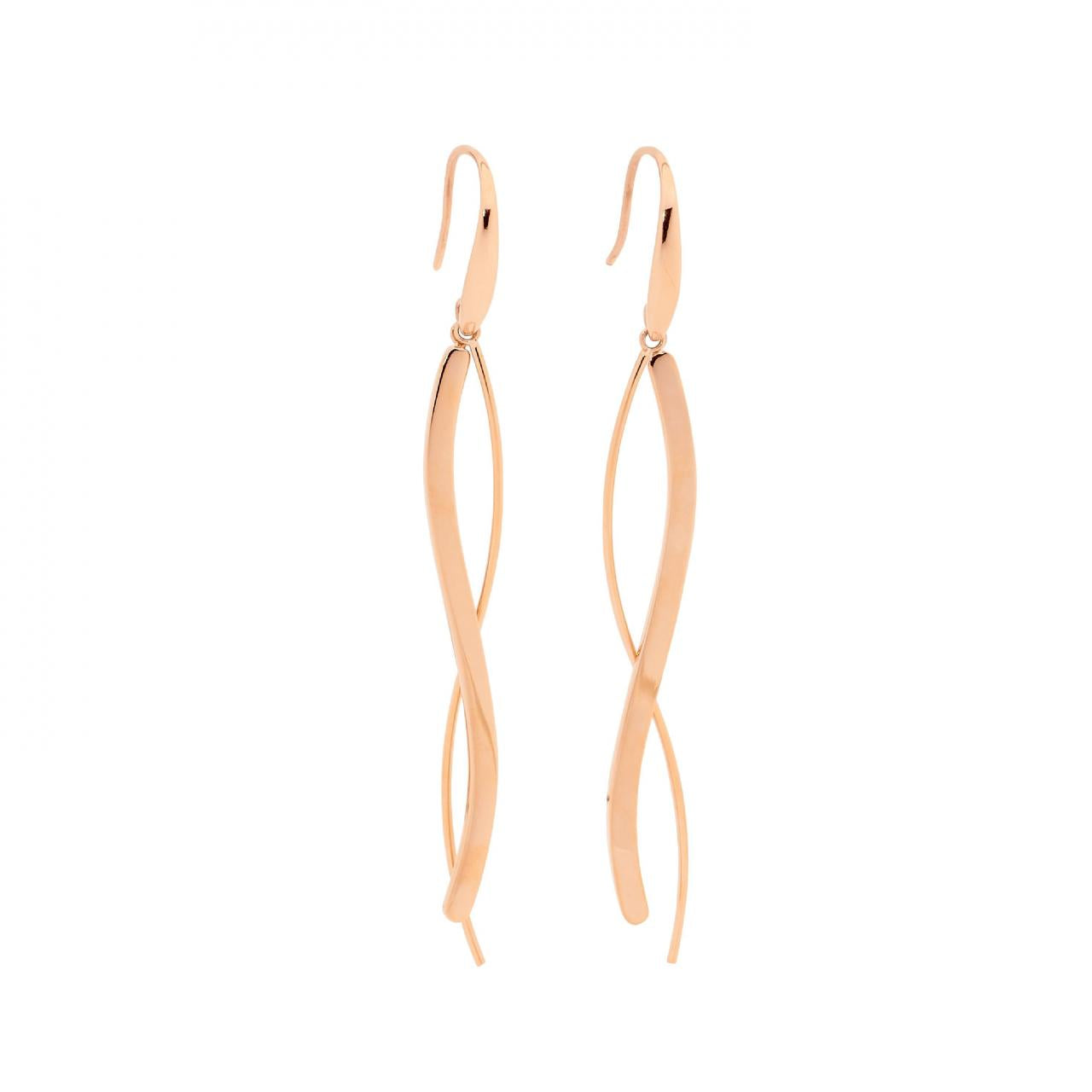 Ellani Stainless Steel & IP Rose Gold Plated Long Wave x2 Drop Hook Earrings