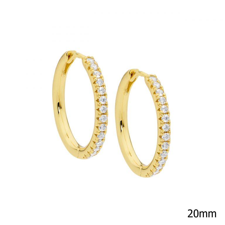 Ellani Yellow Gold Plated Round White Cubic Zirconia 20mm Huggie Hoop Earrings
