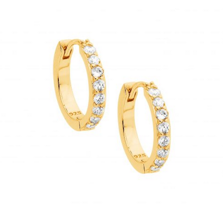 Ellani Yellow Gold Plated Cubic Zirconia Single Row 15mm Hoop Earrings