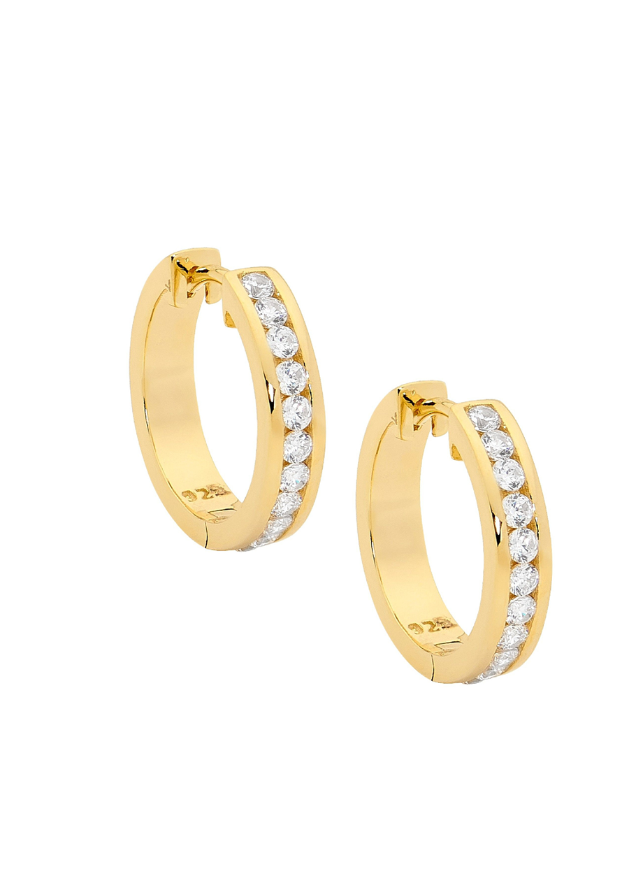 Ellani Sterling Silver & IP Yellow Gold Plated White Cubic Zirconia Channel Set 18mm Hoop  Earrings