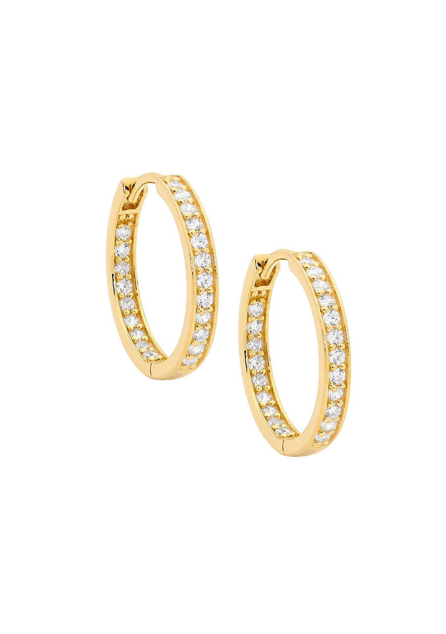 Ellani Sterling Silver & Yellow Gold Plated White Cubic Zirconia Single Row Inside Out 18mm Huggie Hoop Earrings