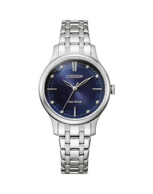 Citizen Ladies Steel Eco Drive blue/round/crystal dial 50m WR Bracelet Watch Code: EM089085L